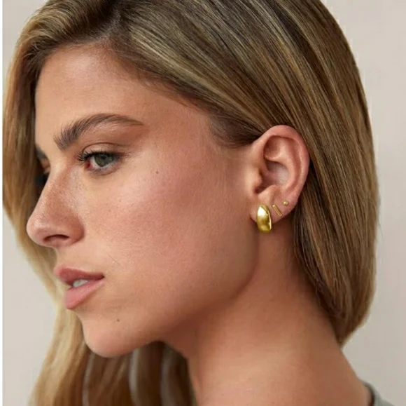 14K White Gold Plated 925 Sterling Silver Post Gold Dome Huggie Hoop Earrings - Picture 3 of 5